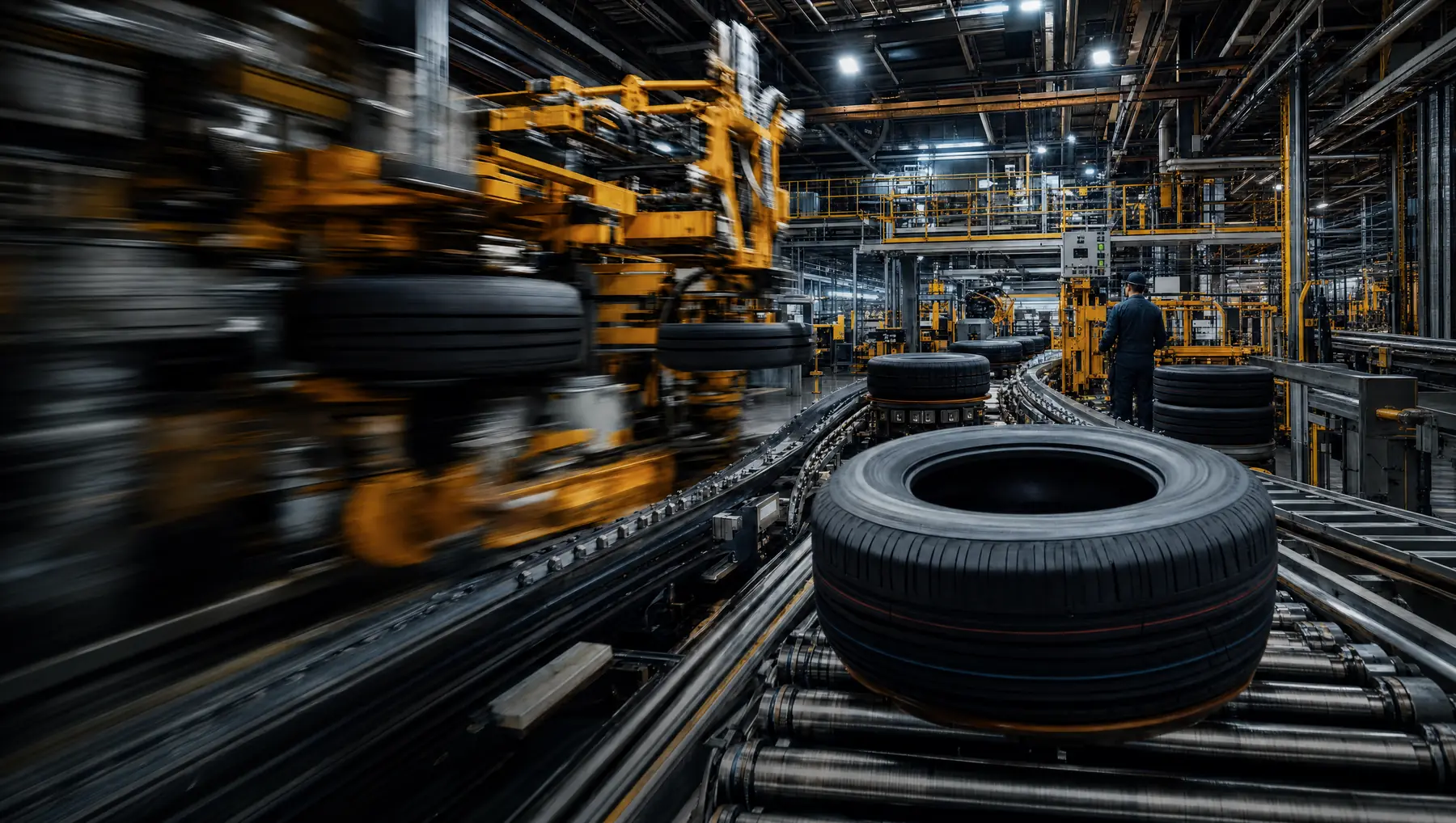 Tyres moving along a factory production line