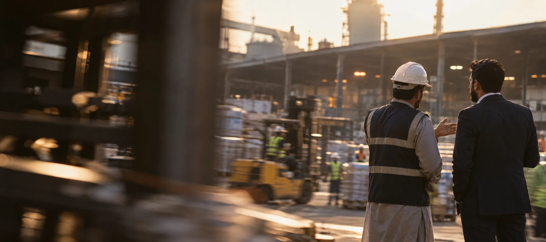 An engineer and a manager talking on a busy industrial site